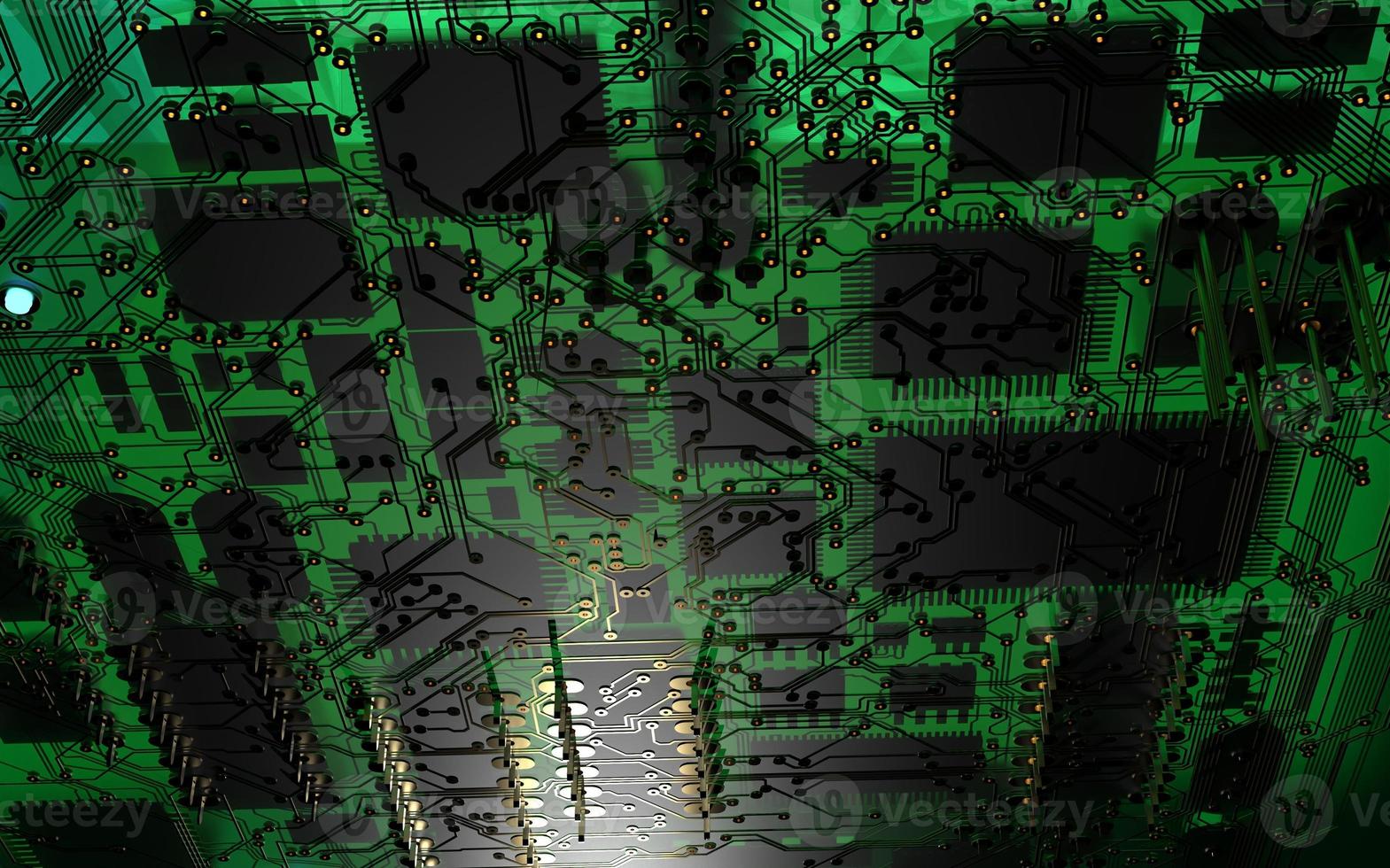 Prozessorchip auf einer Leiterplatte mit roter Hintergrundbeleuchtung. 3D-Darstellung zum Thema Technologie und die Kraft der künstlichen Intelligenz. foto