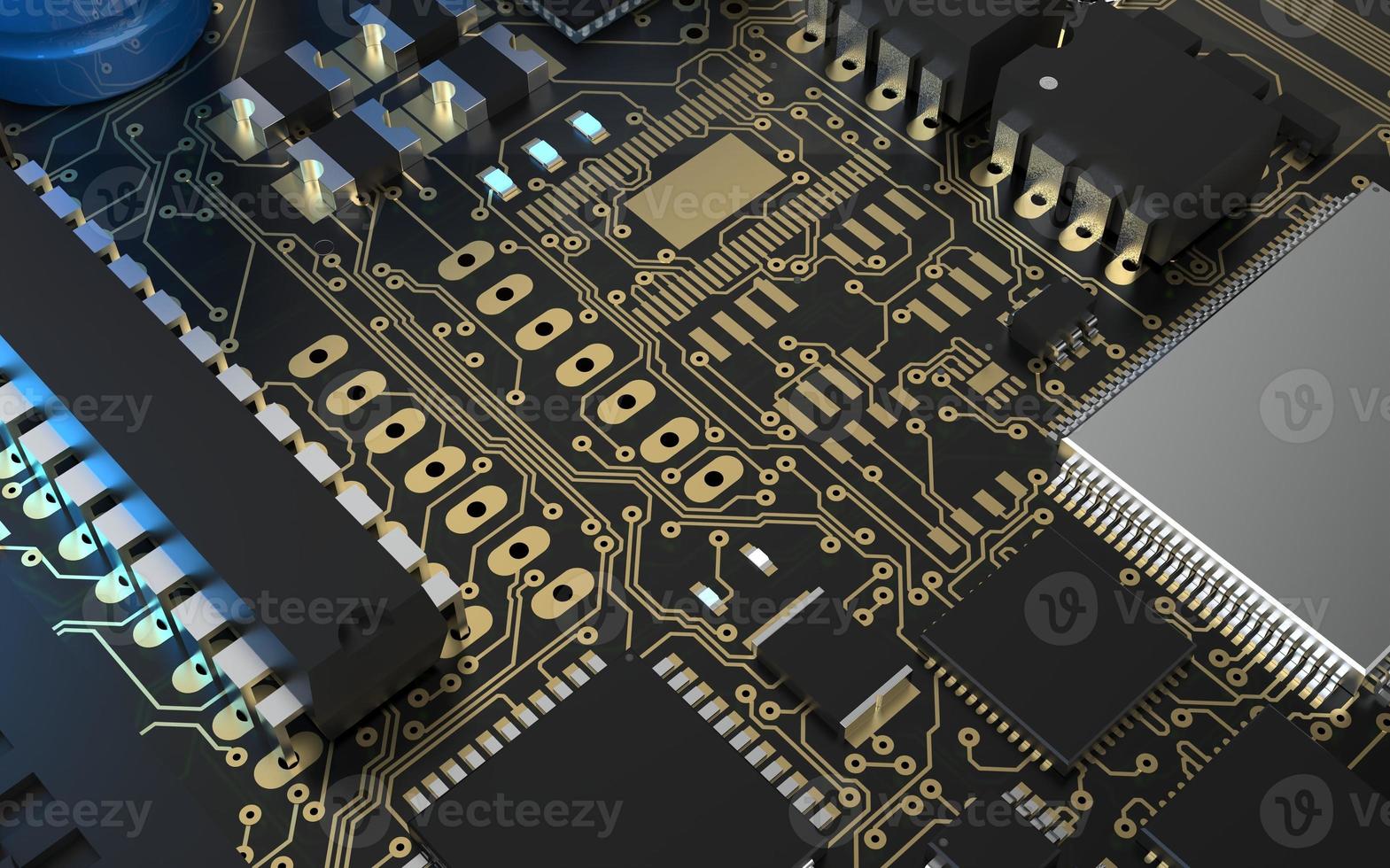 Prozessorchip auf einer Leiterplatte mit roter Hintergrundbeleuchtung. 3D-Darstellung zum Thema Technologie und die Kraft der künstlichen Intelligenz. foto