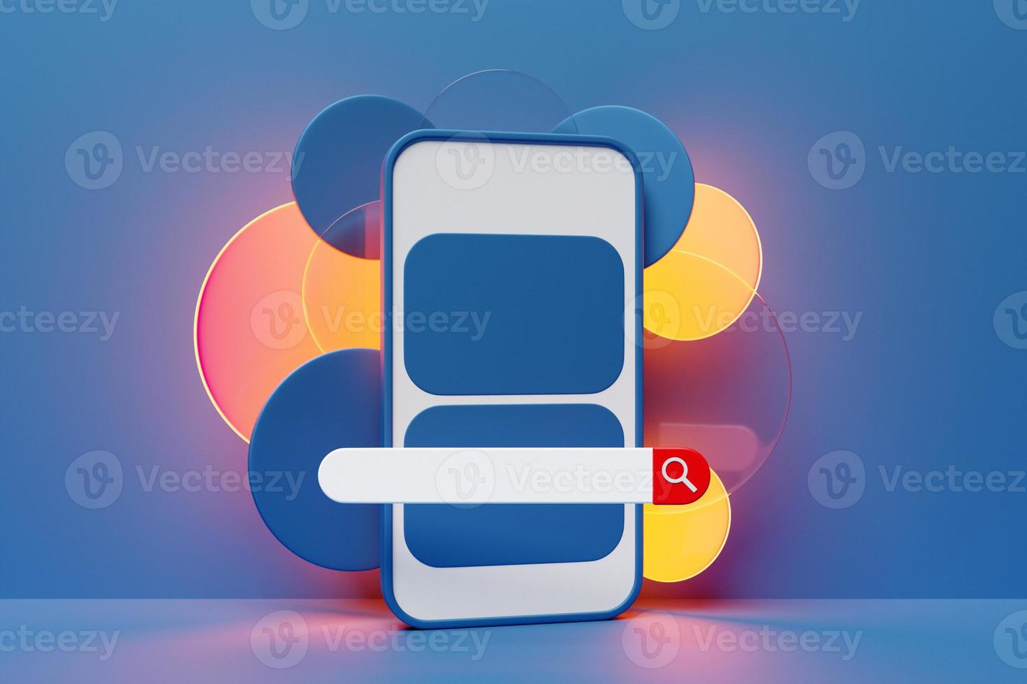 3D bunte Illustration eines modernen Smartphones mit einer Informationssuchleiste auf blauem Hintergrund. foto