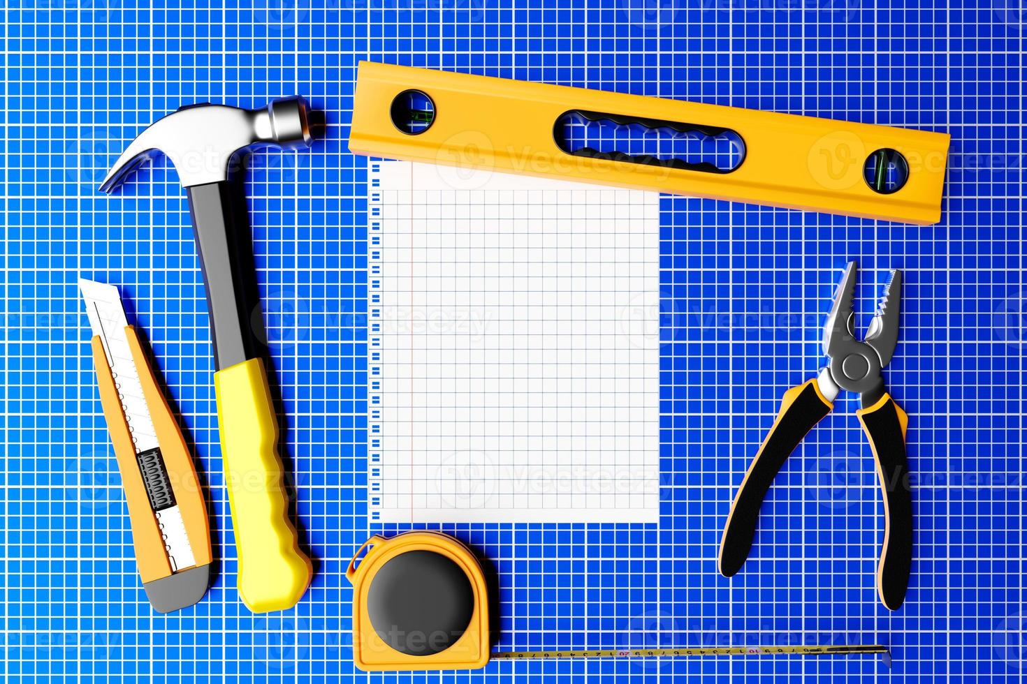 Bauwerkzeuge. Handwerkzeug für Reparatur und Bau zu Hause. Zangenschneider, Klebeband, Ratsche, Zange, Wasserwaage . 3D-Darstellung foto