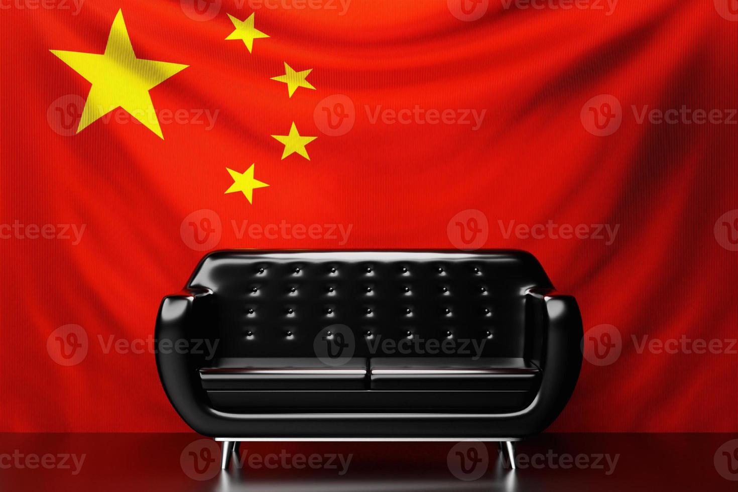 Schwarzes Ledersofa mit der Nationalflagge von China im Hintergrund. 3D-Darstellung foto