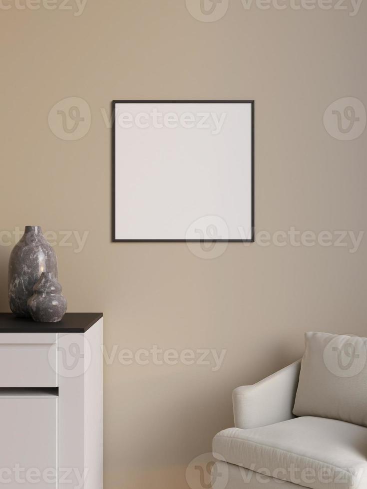 einfaches und minimalistisches quadratisches schwarzes plakat oder fotorahmenmodell an der wand im wohnzimmer. 3D-Rendering. foto