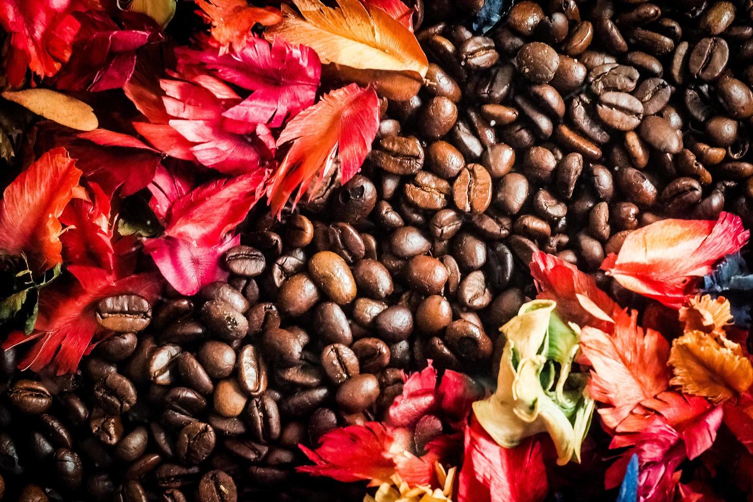 Das Hintergrundbild besteht aus Kaffeebohnen, die mit Blumen geschmückt sind. Hintergrundkonzept für Café foto