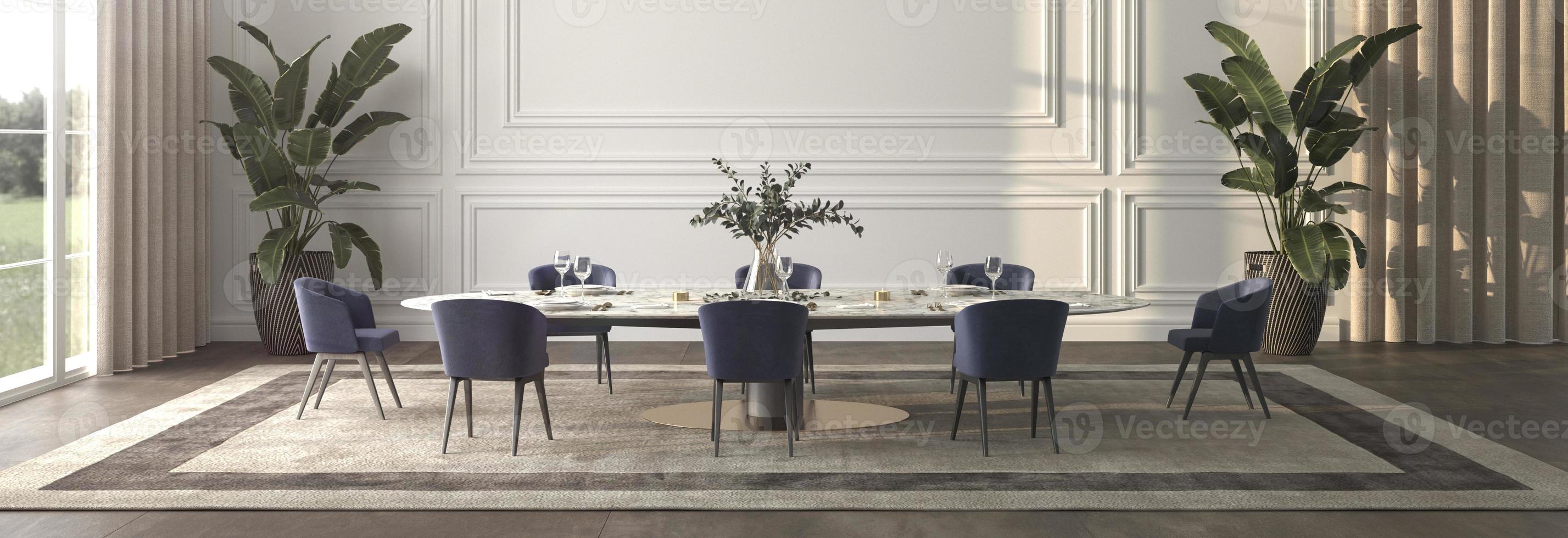 Luxus-Speisesaal mit Sonnenlicht und Blick in die Natur. Tisch mit Service und Pflanzen. 3D-Darstellung Innenarchitektur. Web-Banner. foto