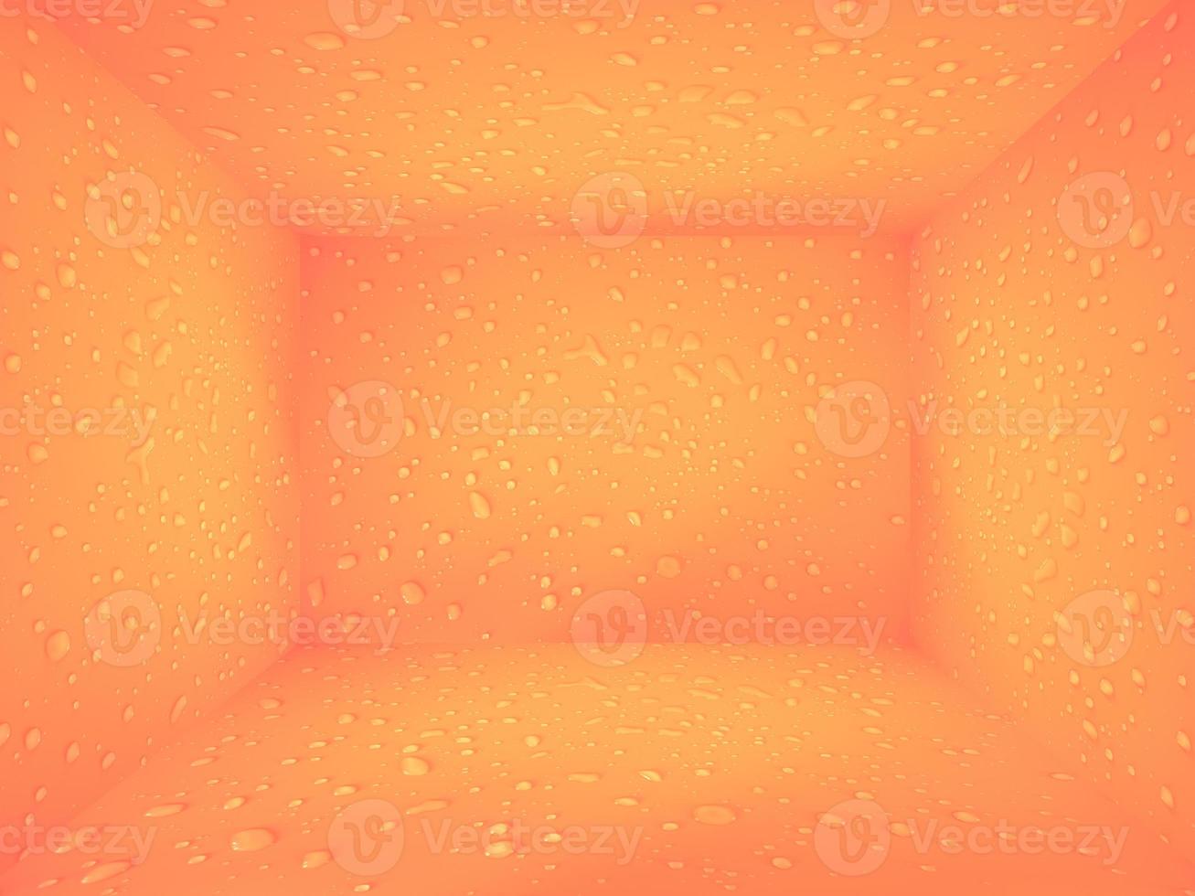 Wassertropfen auf orangefarbenem Raum für Vitrinenhintergrund. Wassertropfen führen den Hintergrund einzeln auf. wasserspritzer, wassersprayhintergrund. ruhiger orangefarbener Hintergrund mit Wassertropfen. foto