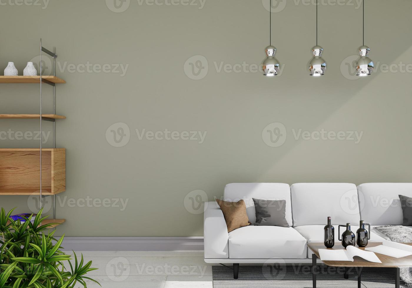 minimales poster im innenstil verspotten die wohnzimmerwand in weiß mit modernem sofa und dekorationen im wohnzimmer. Platz kopieren. 3D-Rendering. foto