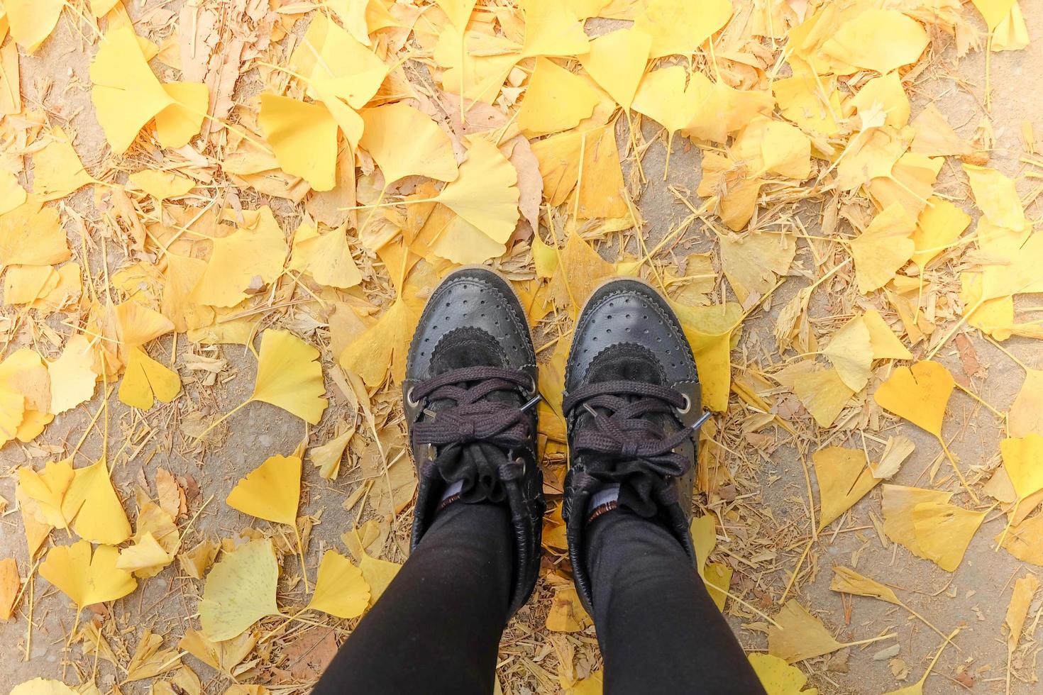 Draufsicht mit schwarzen Stiefeln im Herbst auf Hintergrundtextur von gelben Blättern foto