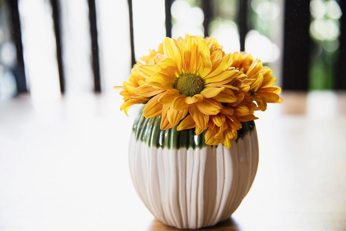 frische bunte kleine sonnenblume im keramiktopf - gelbe blumendekoration für den hintergrund foto