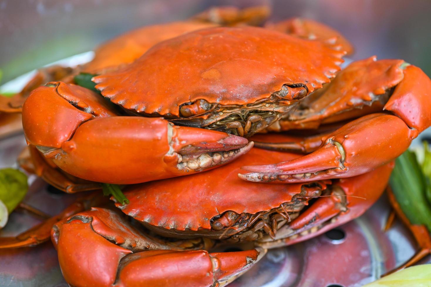 Meeresfrüchte Krabben Kochen Essen gedämpfte Krabben rot in der Küche des Meeresfrüchte-Restaurants, frische Krabben auf Dampfgarer foto