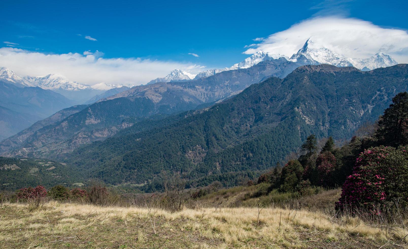 landschaftsansicht der annapurna-bergkette in nepal. Annapurna Sanctuary Trek ist das beliebteste Trekkingziel der Annapurna-Region. foto