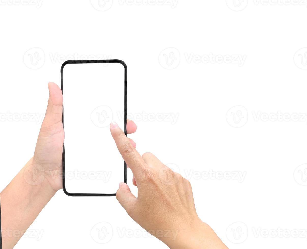 Hand-Geschäftsfrau, die ein mobiles Smartphone mit leerem Bildschirm hält, das auf weißem Hintergrund mit Beschneidungspfad isoliert ist. foto