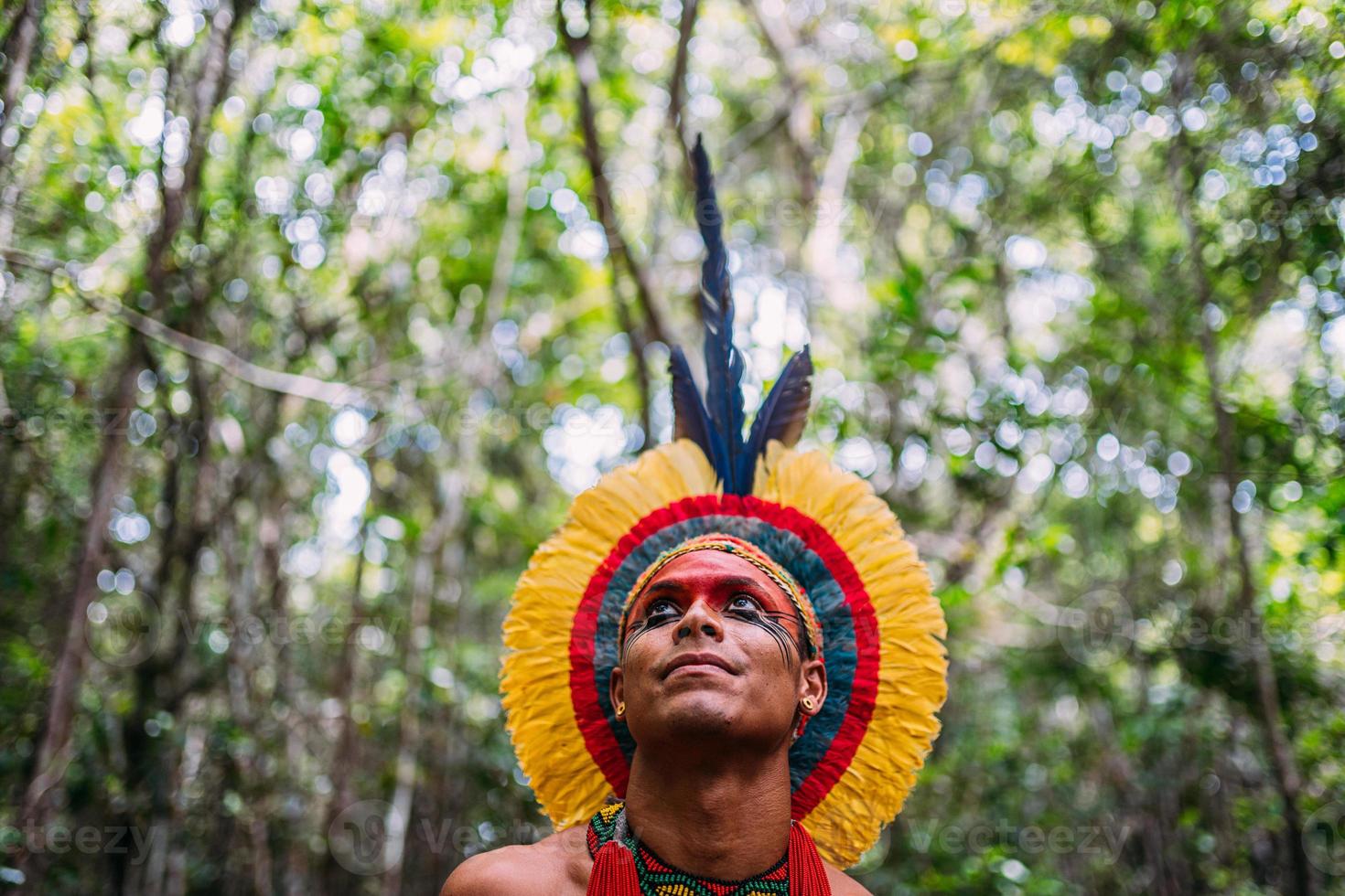 Indianer vom Pataxo-Stamm, mit Federschmuck. junger brasilianischer Indianer, der nach links schaut. Fokus auf Gesicht foto