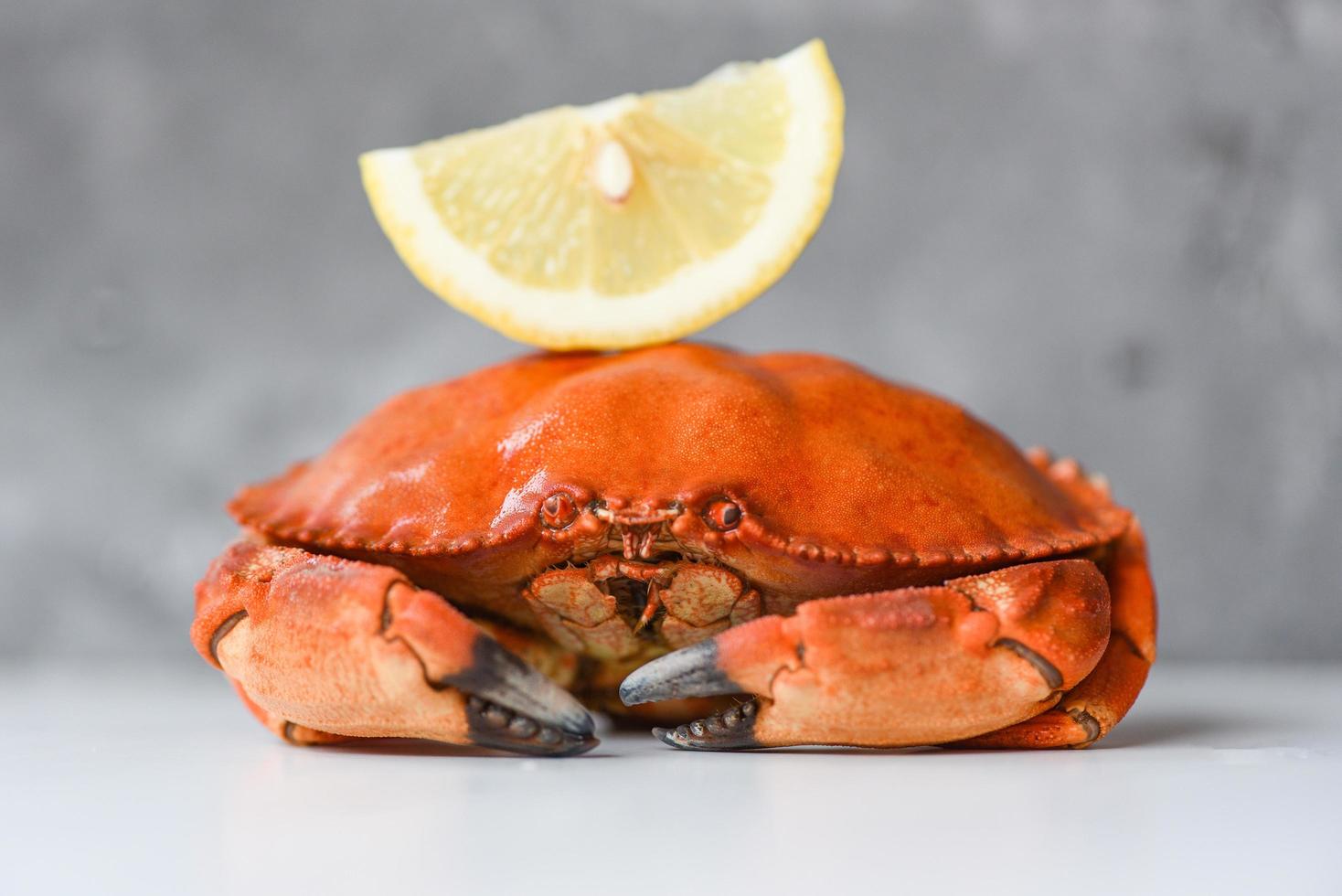 frische Krabben und Zitrone für Salat auf Plattenhintergrund - gekochte Krabbenmeeresfrüchte foto