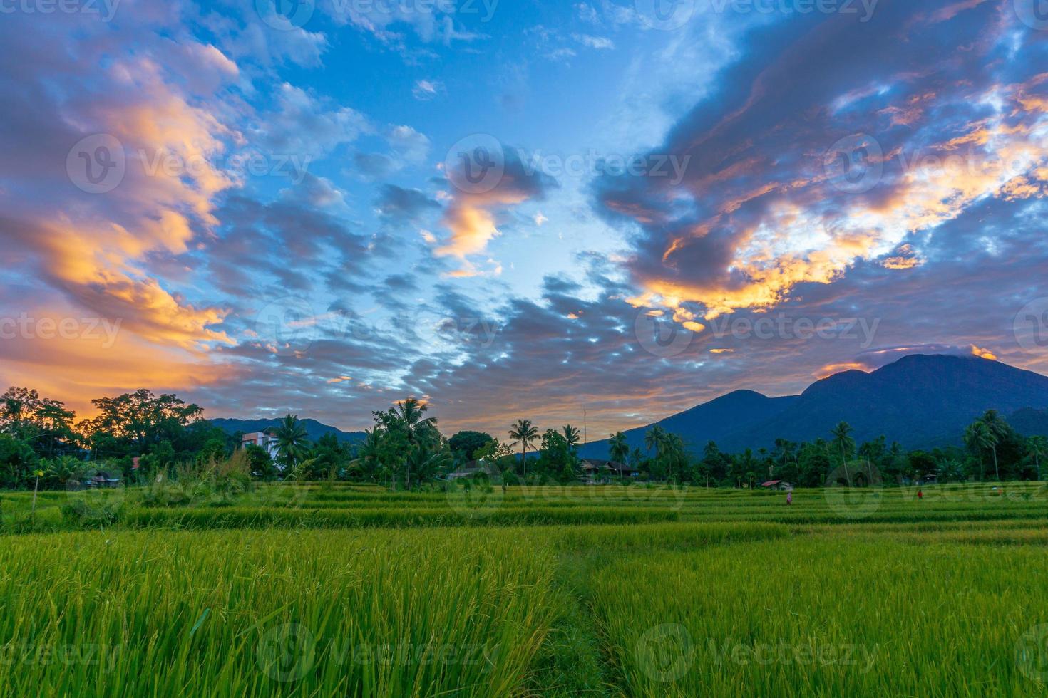 Panoramahintergrund der wunderschönen Naturlandschaft Indonesiens. schöner und sonniger morgen foto