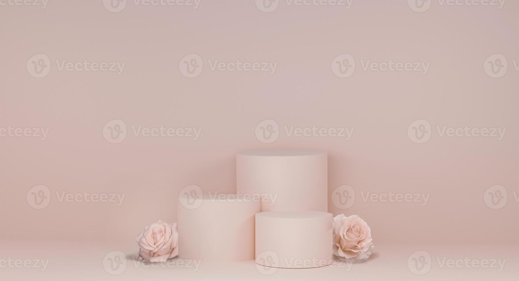 sanftes pastellrosa 3 stufen kreisen kosmetik- oder modeprodukt-display-podium mit natürlichem und realistischem rosen-3d-rendering-bild ein. foto