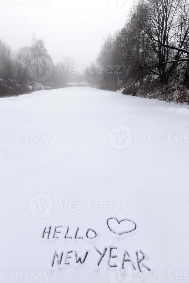 die worte hallo neues jahr auf den schnee gezeichnet foto
