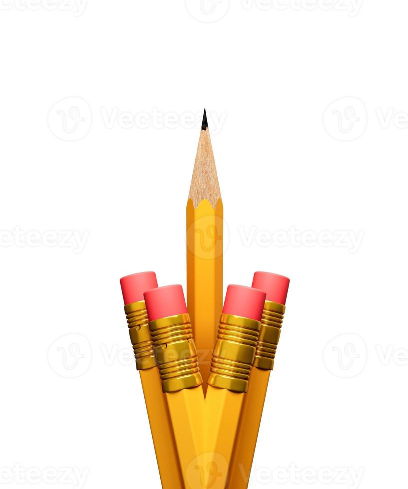 Ein Bleistift hebt sich von anderen Bleistiften ab Geschäftskonzept von Führer und Erfolg isoliert auf weißem Hintergrund 3D-Darstellung foto