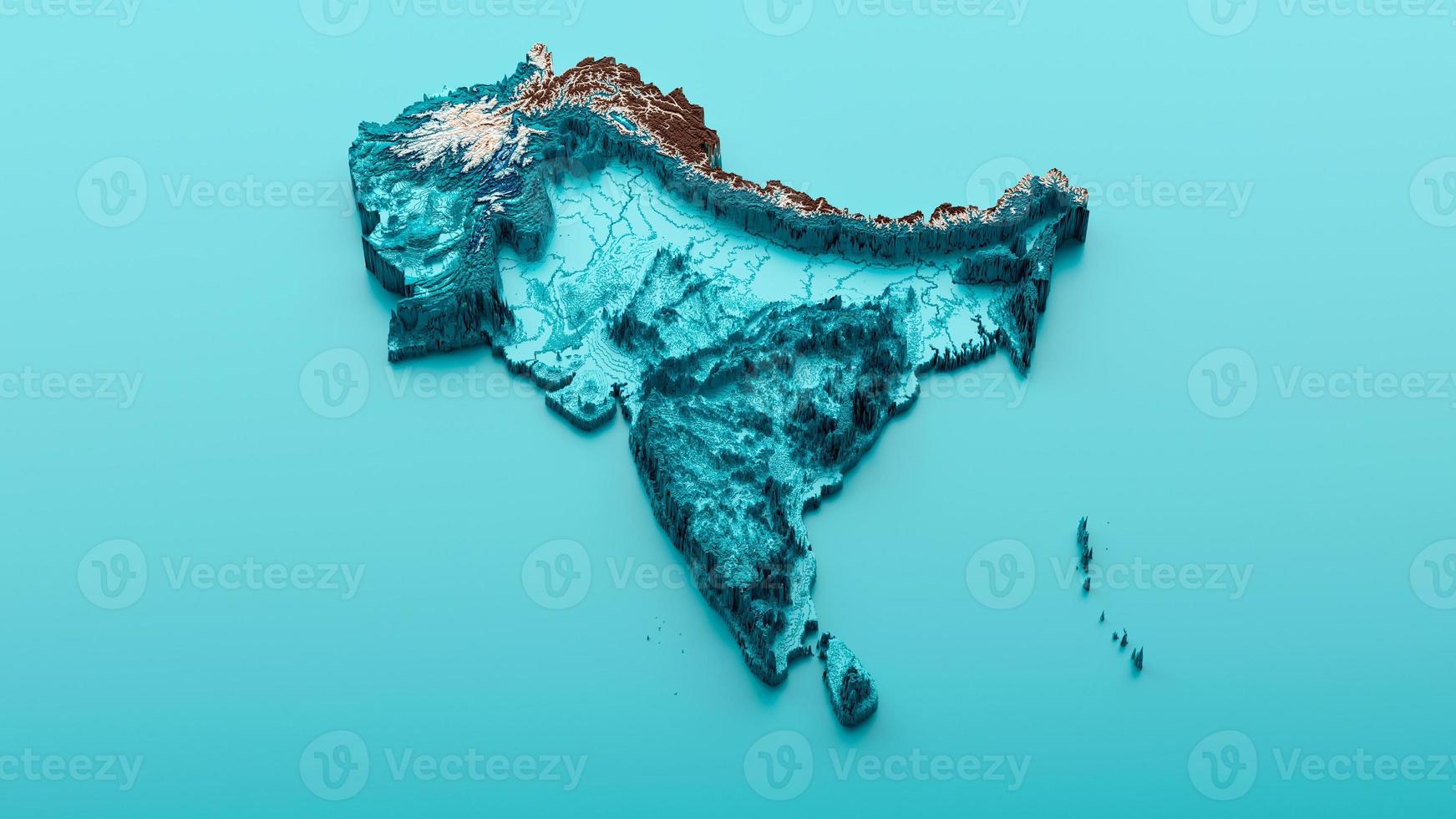 topografische subkontinente karte hypsometrische länder indien, pakistan, nepal, bhutan, bangladesch, sri lanka und die malediven. 3D-Darstellung foto