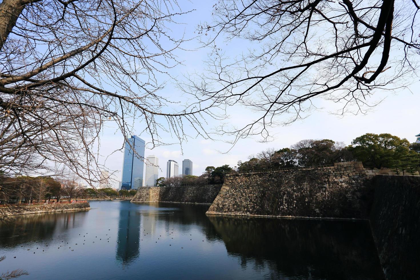 ein wassergraben, der die burg von osaka in japan, winter umgibt foto