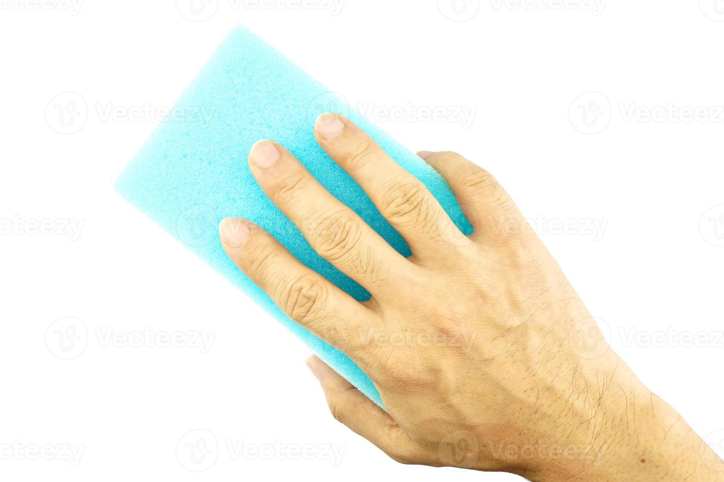 Hand halten blaue Schwammreinigung foto