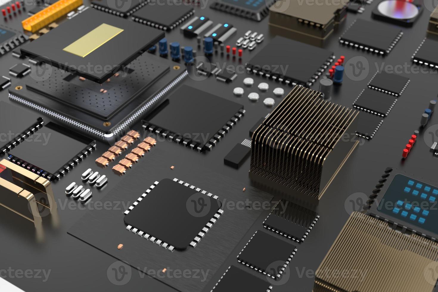 Leiterplatte mit Mikrochips, Prozessoren und anderen Computerteilen auf dunklem Hintergrund. 3D-Rendering foto