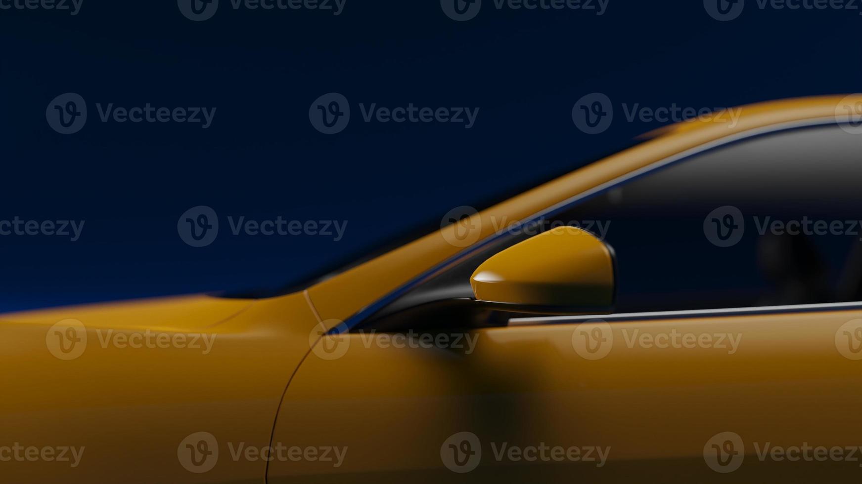 auto gelb. 3D-Darstellung von Fahrzeugfragmenten auf blauem, einheitlichem Hintergrund. foto