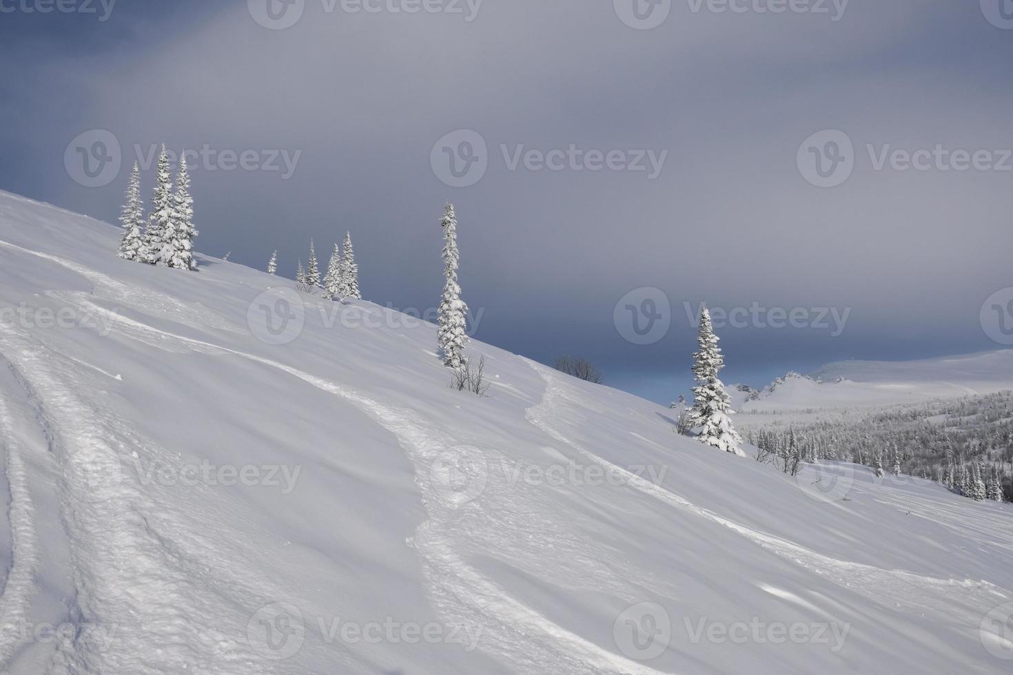 Sonniger Wintermorgen in den Bergen von Sheregesh auf der Skipiste foto