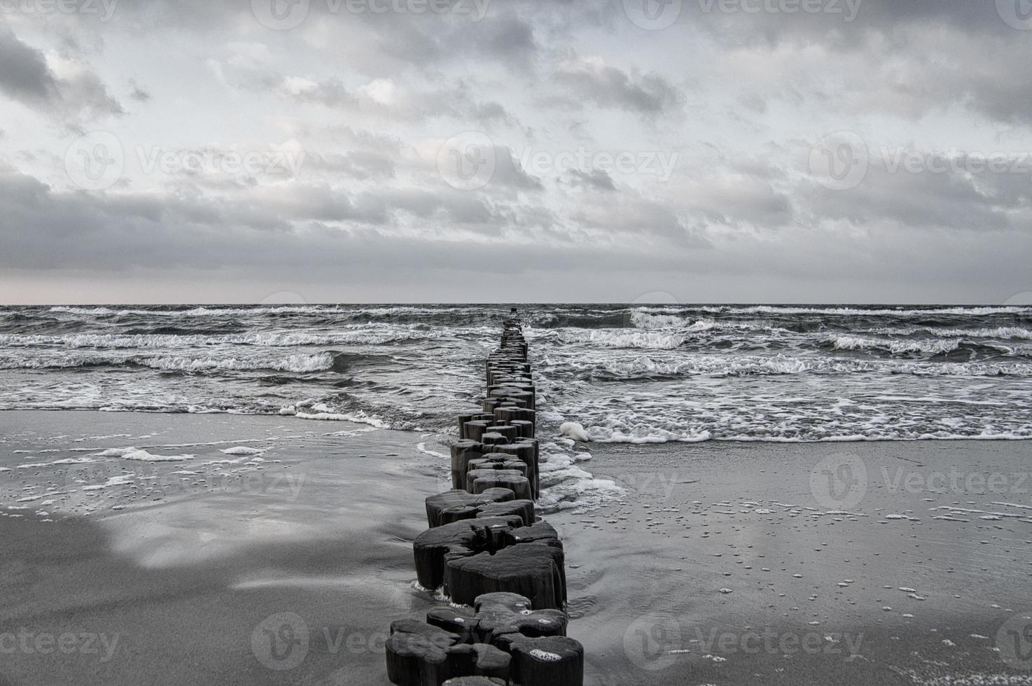 buhnen am ostseestrand in zingst. Wellen brechen auf dem Holz foto