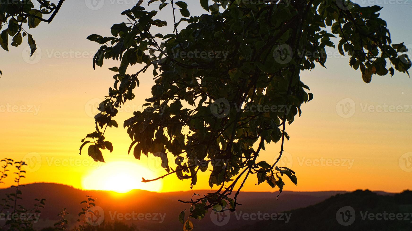 sonnenuntergang im saarland auf einer wiese mit bäumen und blick ins tal. leichte Stimmung foto