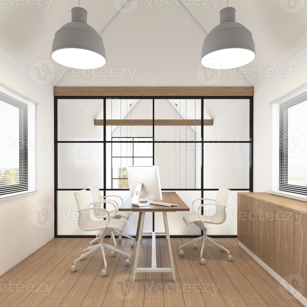 nordisches managerzimmer mit hängelampe und fenster, weißer wand und holzboden. 3D-Rendering foto
