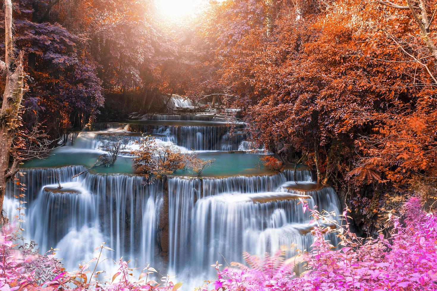 schöne wasserfallnaturlandschaft des bunten tiefen waldes am sommertag foto