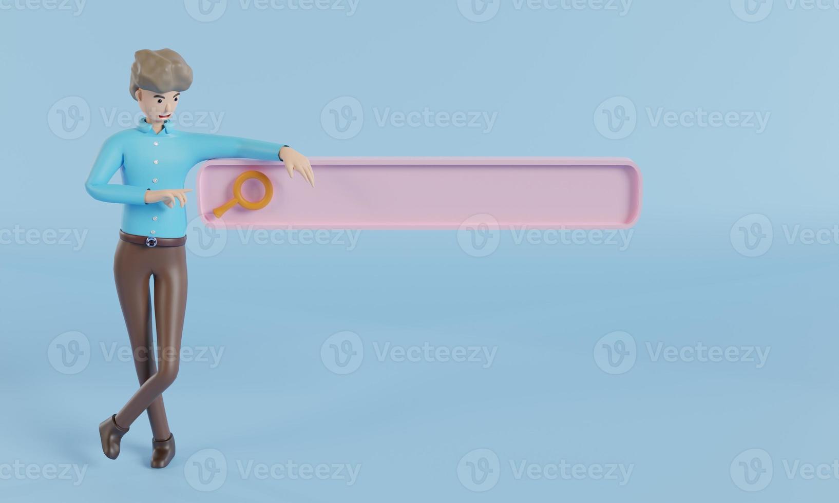 Cartoon-Geschäftsmann Fingerdruck-Suchleistensymbol oder Lupensymbol, Navigationssuche nach Browser, Suchschaltfläche auf farbigem Hintergrund. 3D-Rendering. foto