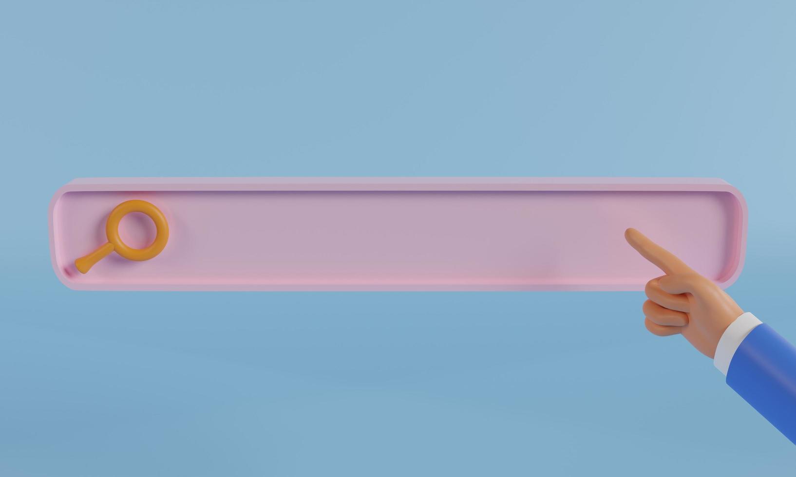 Cartoon-Geschäftsmann Fingerdruck-Suchleistensymbol oder Lupensymbol, Navigationssuche nach Browser, Suchschaltfläche auf farbigem Hintergrund. 3D-Rendering. foto