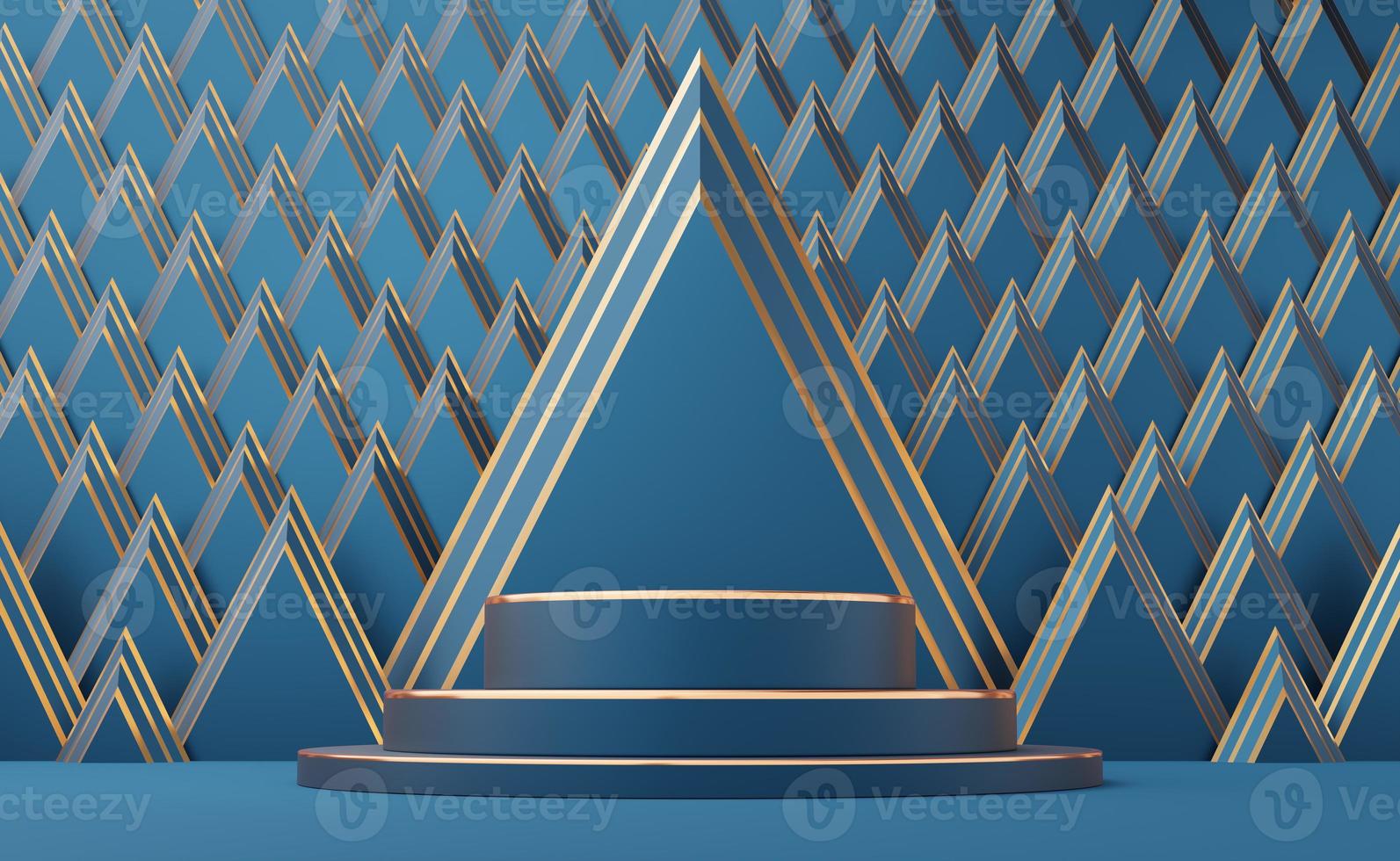 leeres blaues zylinderpodest mit goldenem rand auf goldenem dreieckmusterhintergrund des art deco. abstraktes minimales geometrisches formobjekt des studios 3d. modellfläche für die anzeige des produktdesigns. 3D-Rendering. foto