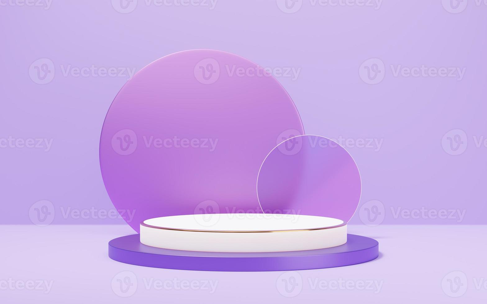 leeres weißes marmorzylinderpodium mit goldrand auf violettem hintergrund des glasbogenkreises. abstraktes minimales geometrisches formobjekt des studios 3d. modellfläche für die anzeige des produktdesigns. 3D-Rendering. foto