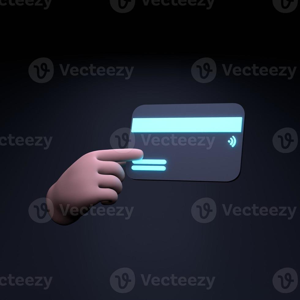 Die Hand hält eine Kreditkarte. 3D-Darstellung. foto