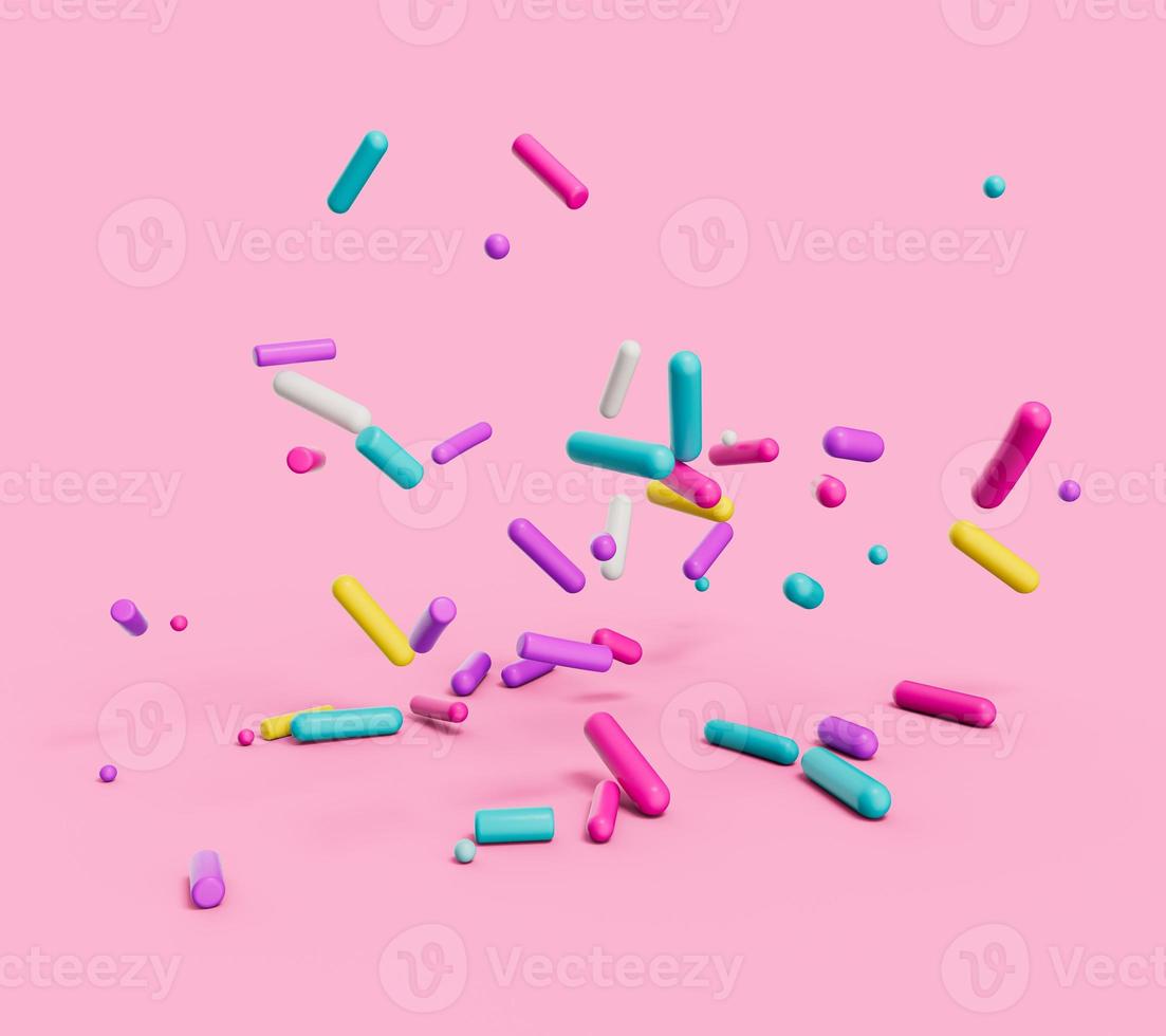 3D-Darstellung von bunten dekorativen Streuseln auf rosa isoliertem Hintergrund. foto