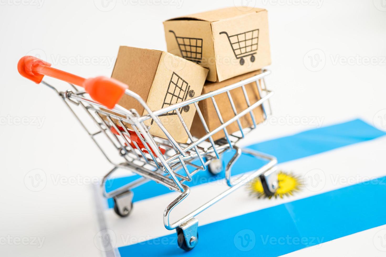 Box mit Online-Shopping-Warenkorb-Logo und argentinischer Flagge, Import-Export-Shopping online oder Handel Finanzen Lieferservice Store Produktversand, Handel, Lieferantenkonzept. foto