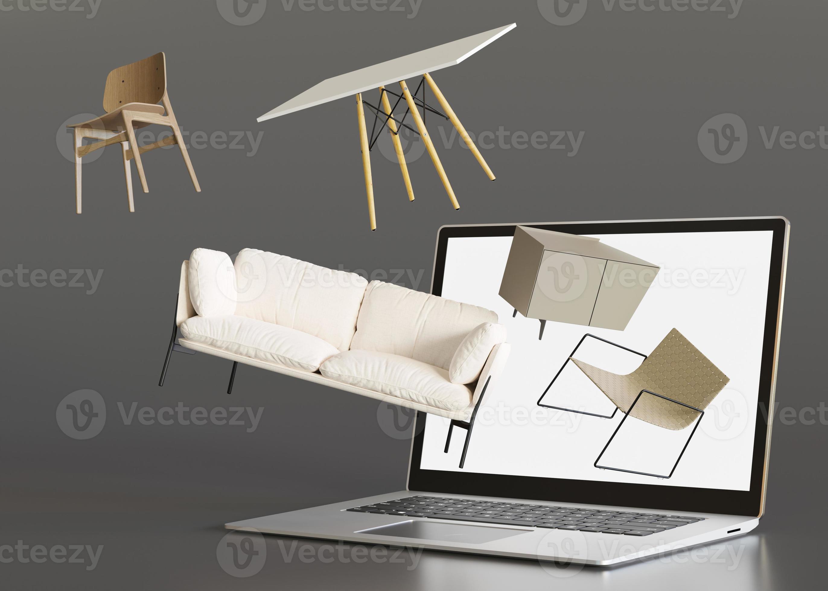 Laptop mit Möbeln. Online einkaufen. Möbelgeschäft, Einrichtungsverkauf oder Innenprojektkonzept. Kaufen Sie Sofa, Tisch, Stuhl, Kommode über das Internet. E-Commerce. 3D-Rendering. 15939436 Stock-Photo bei Vecteezy