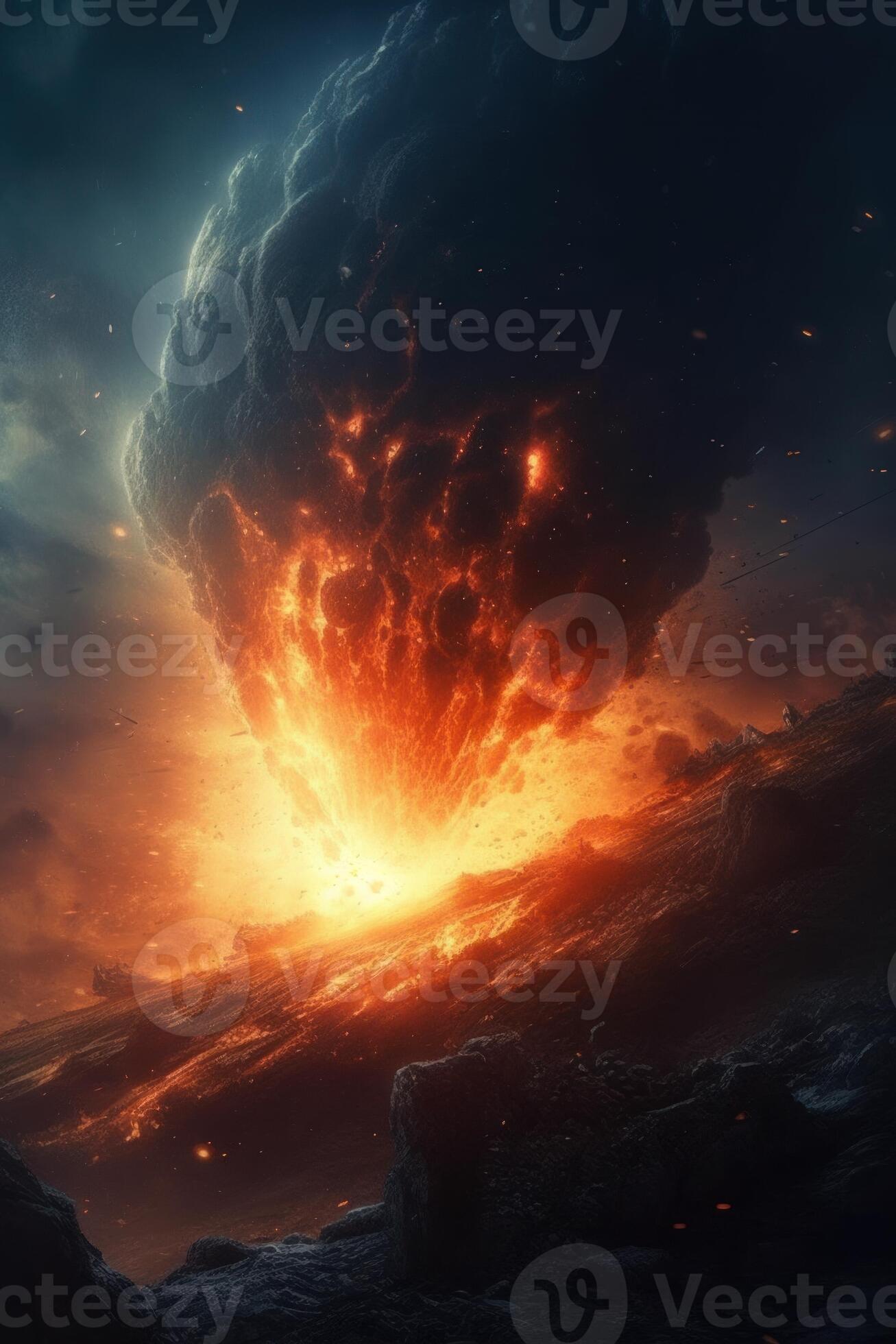 Epos Saturn Explosion Feuer Magma Strahlen von Licht generativ ai