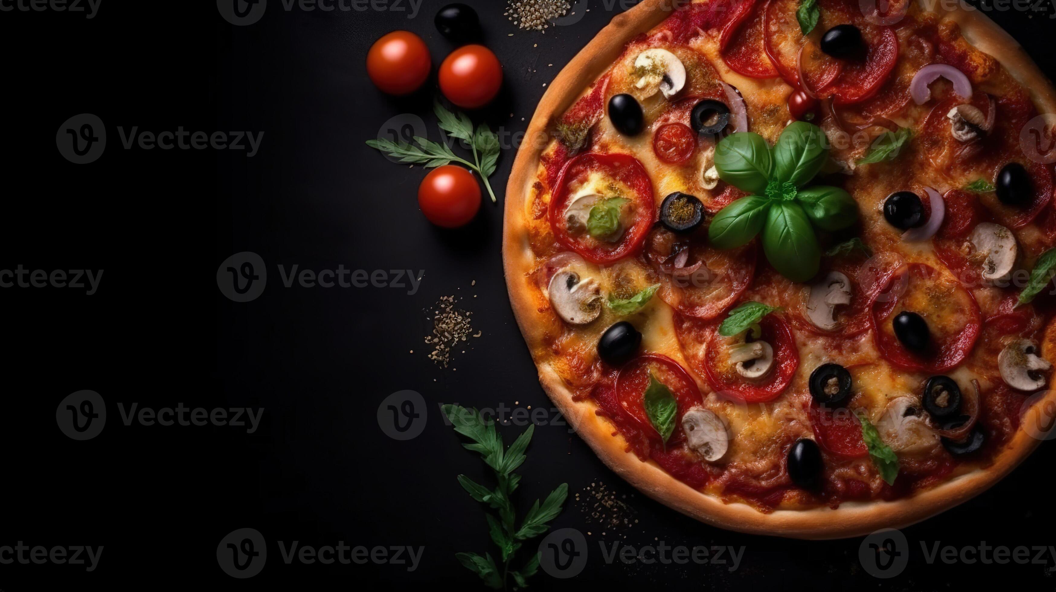 oben Aussicht köstlich Pizza mit Text Raum Attrappe, Lehrmodell, Simulation  Hintergrund mit generativ ai 22807317 Stock-Photo bei Vecteezy