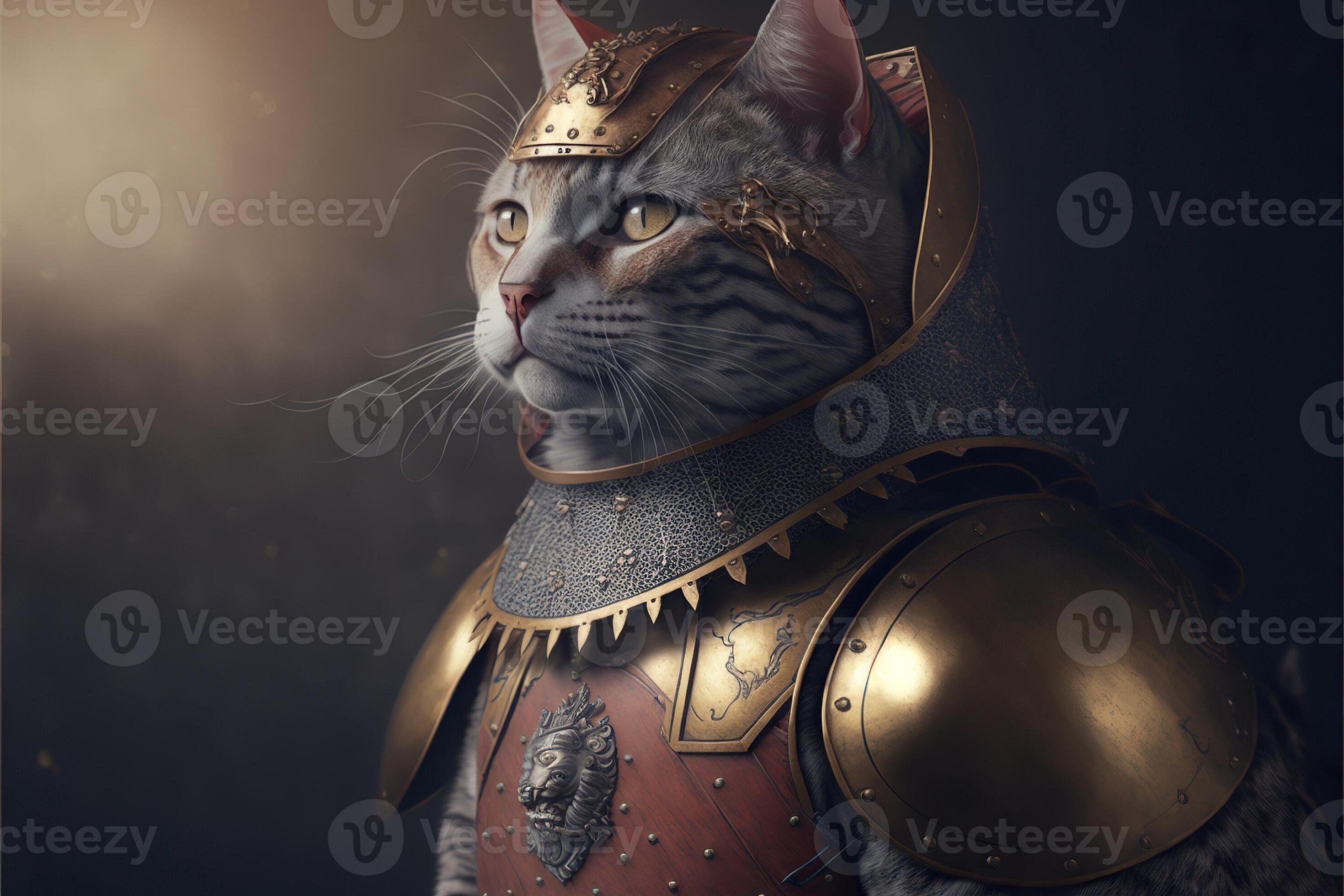 ein wild Katze mit Blau Augen steht im golden Rüstung gegen das Hintergrund  von das Palast. ai Generation 23896082 Stock-Photo bei Vecteezy