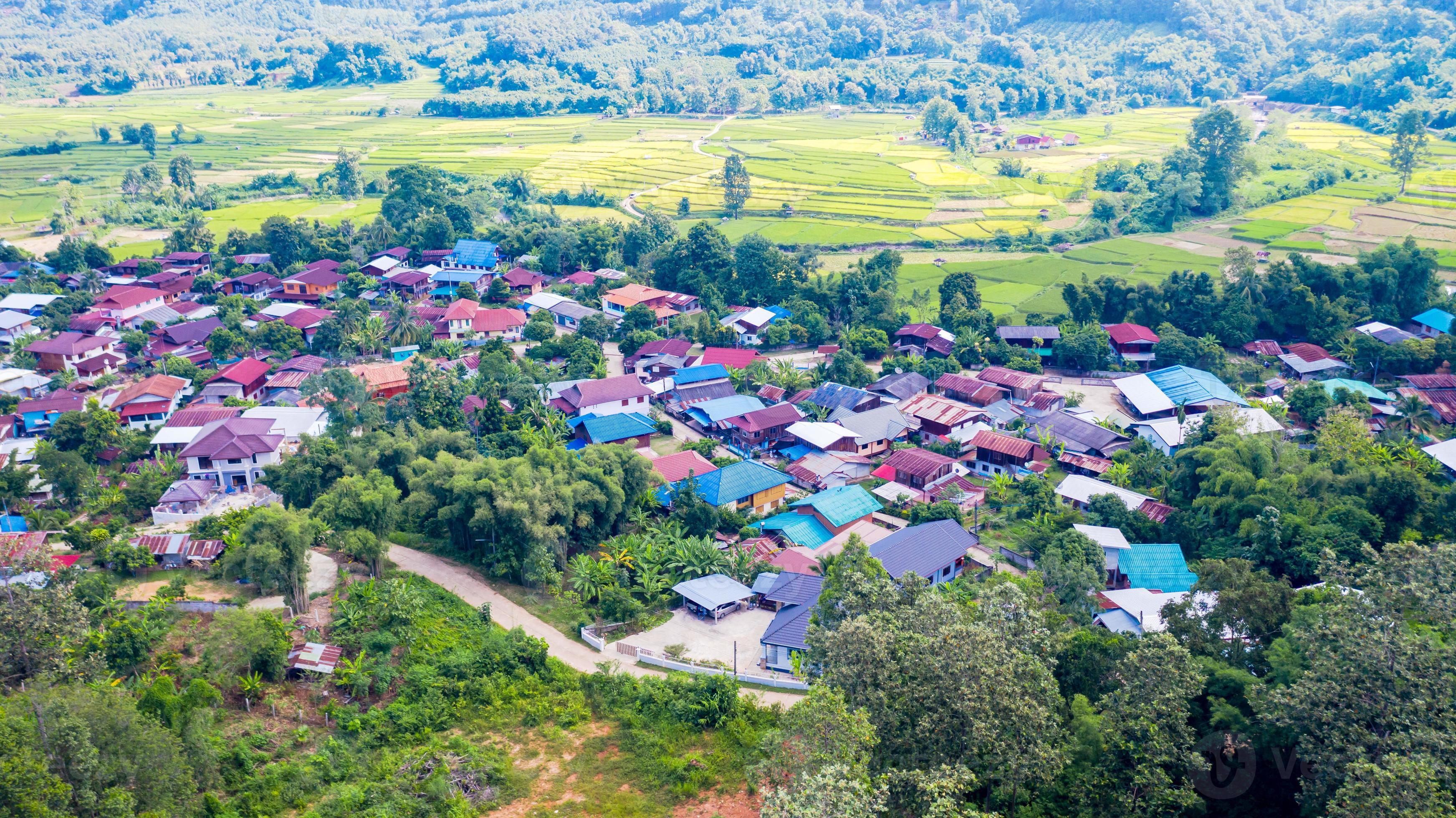 Luftaufnahme des ländlichen Dorfes und des grünen Reisfeldes foto