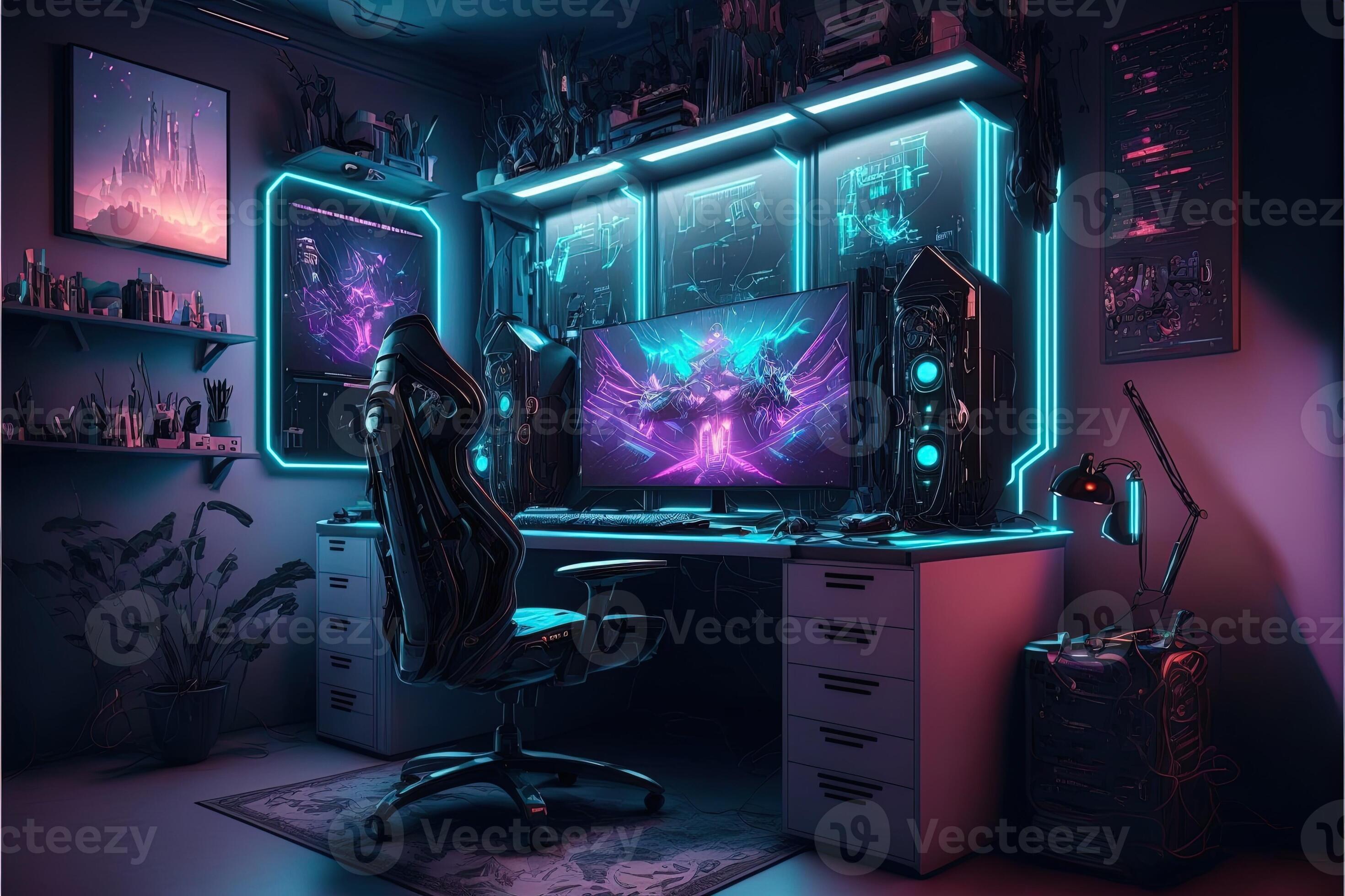 spektakulär Spielen Zimmer Innere, Spielen PC, Spielen Schreibtisch, Spiel  Konfiguration Zimmer, Fernseher, Schreibtisch zum fünf Menschen,  futuristisch, LED Beleuchtung, Cyberpunk Farbe. generativ ai 23342827  Stock-Photo bei Vecteezy