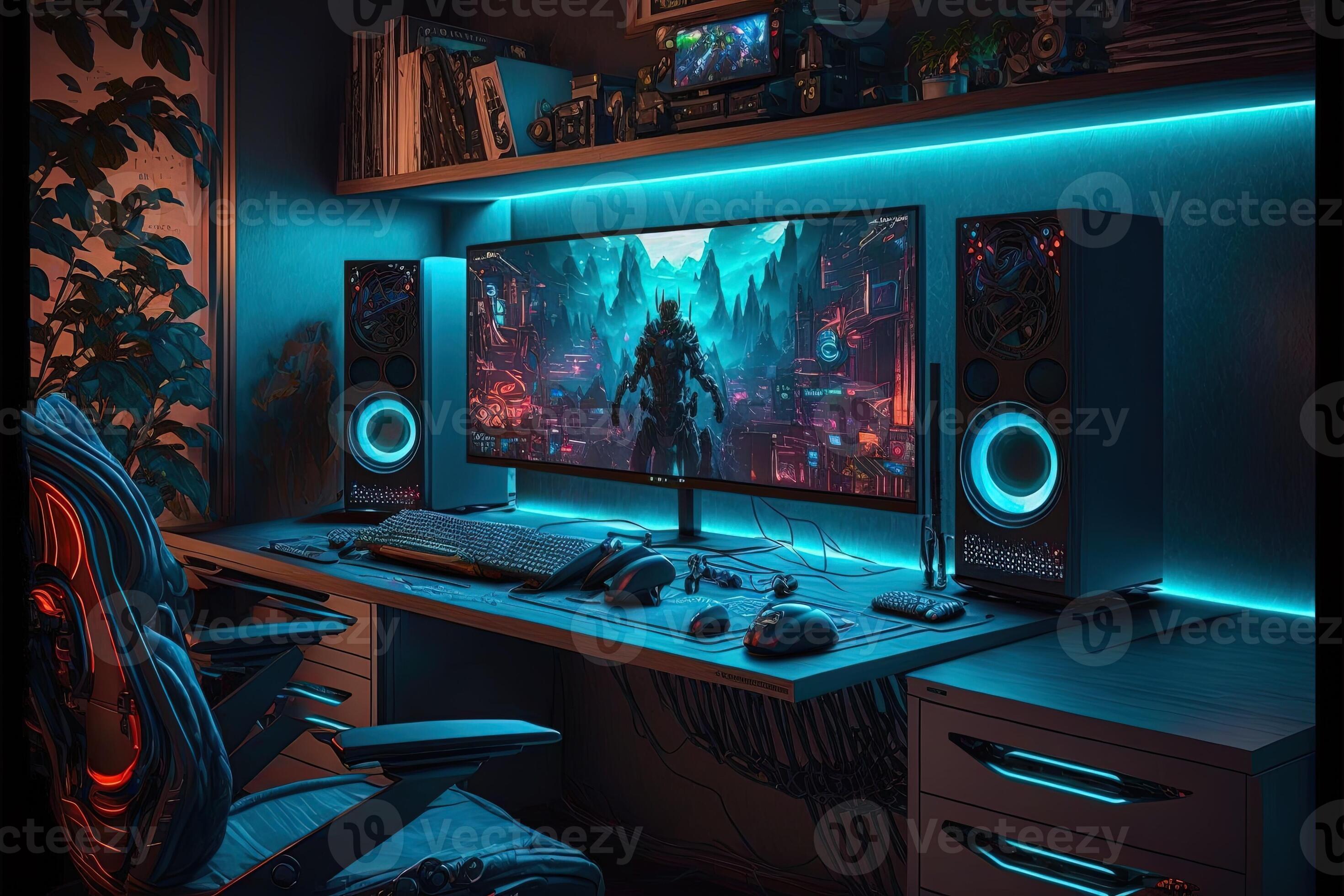 spektakulär Spielen Zimmer Innere, Spielen PC, Spielen Schreibtisch, Spiel  Konfiguration Zimmer, Fernseher, Schreibtisch zum fünf Menschen,  futuristisch, LED Beleuchtung, Cyberpunk Farbe. generativ ai 23533068  Stock-Photo bei Vecteezy