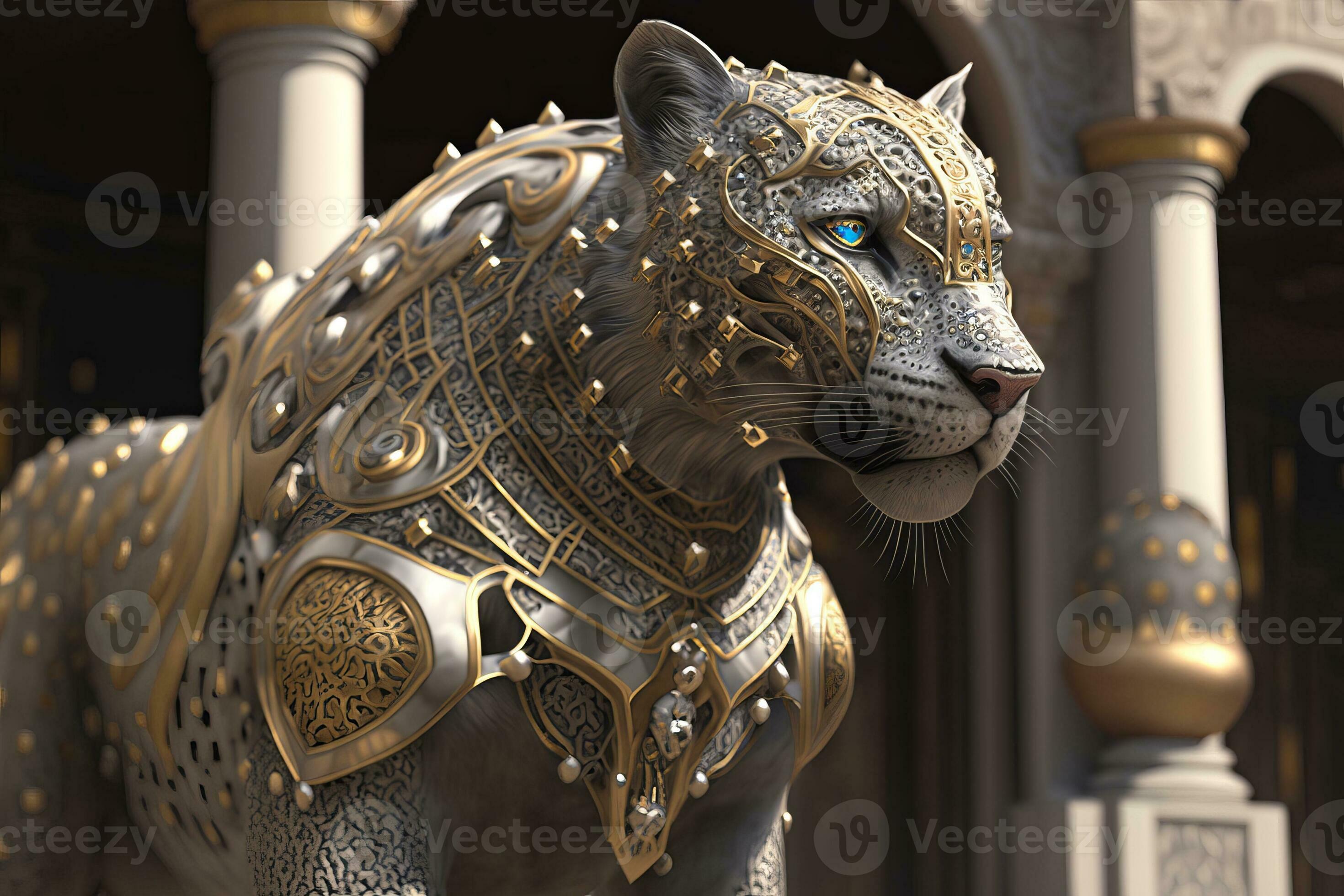 ein wild Katze mit Blau Augen steht im golden Rüstung gegen das Hintergrund  von das Palast. ai Generation 23896082 Stock-Photo bei Vecteezy