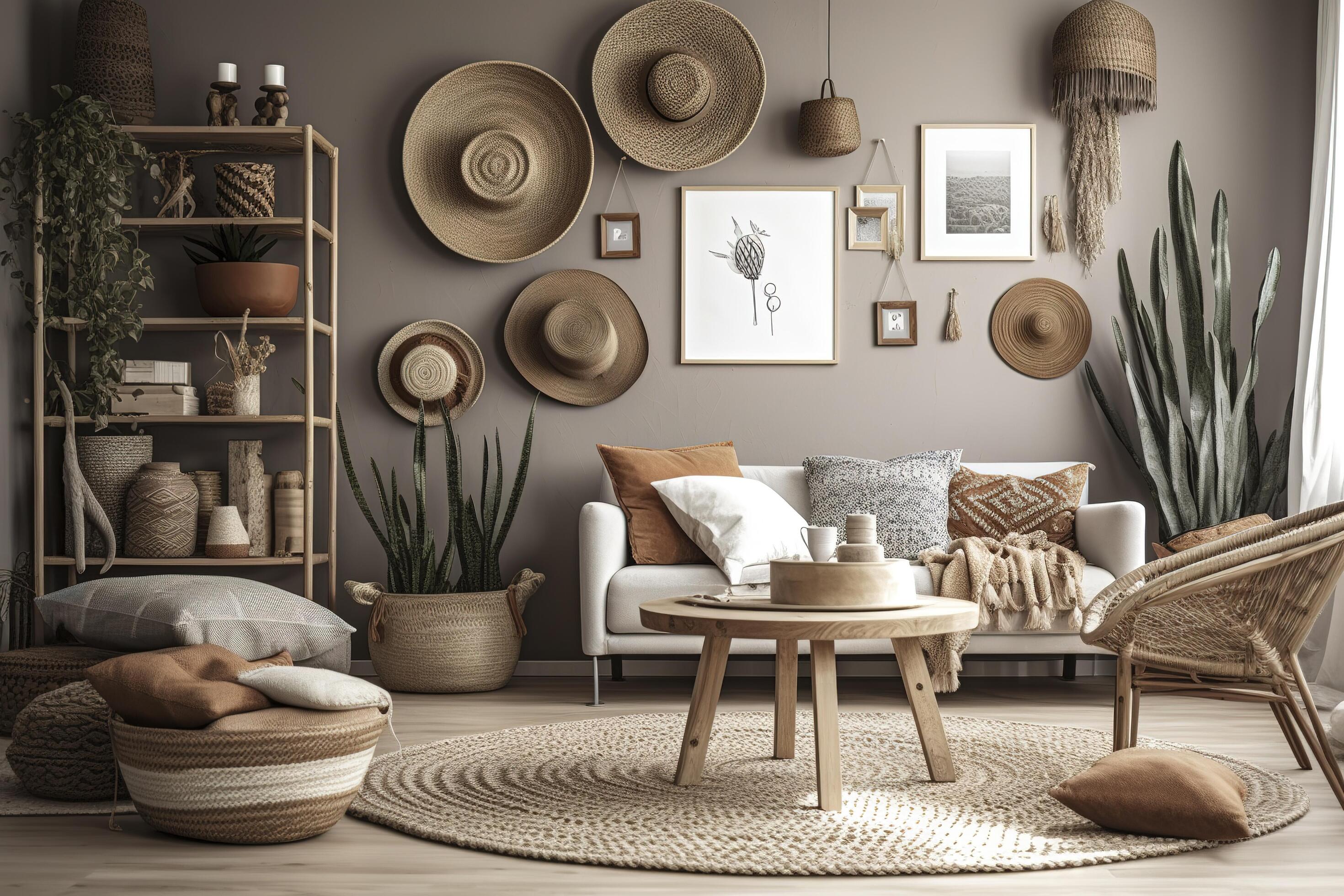 stilvoll und modern Boho inspiriert Leben Zimmer mit Teppich, Rattan Möbel,  Kissen, Pflanzen, Foto Mauer Dekoration und persönlich Zubehör. natürlich  Zuhause Dekor, Boho Zimmer Innere, ai generiert Bild 24448413 Stock-Photo  bei Vecteezy