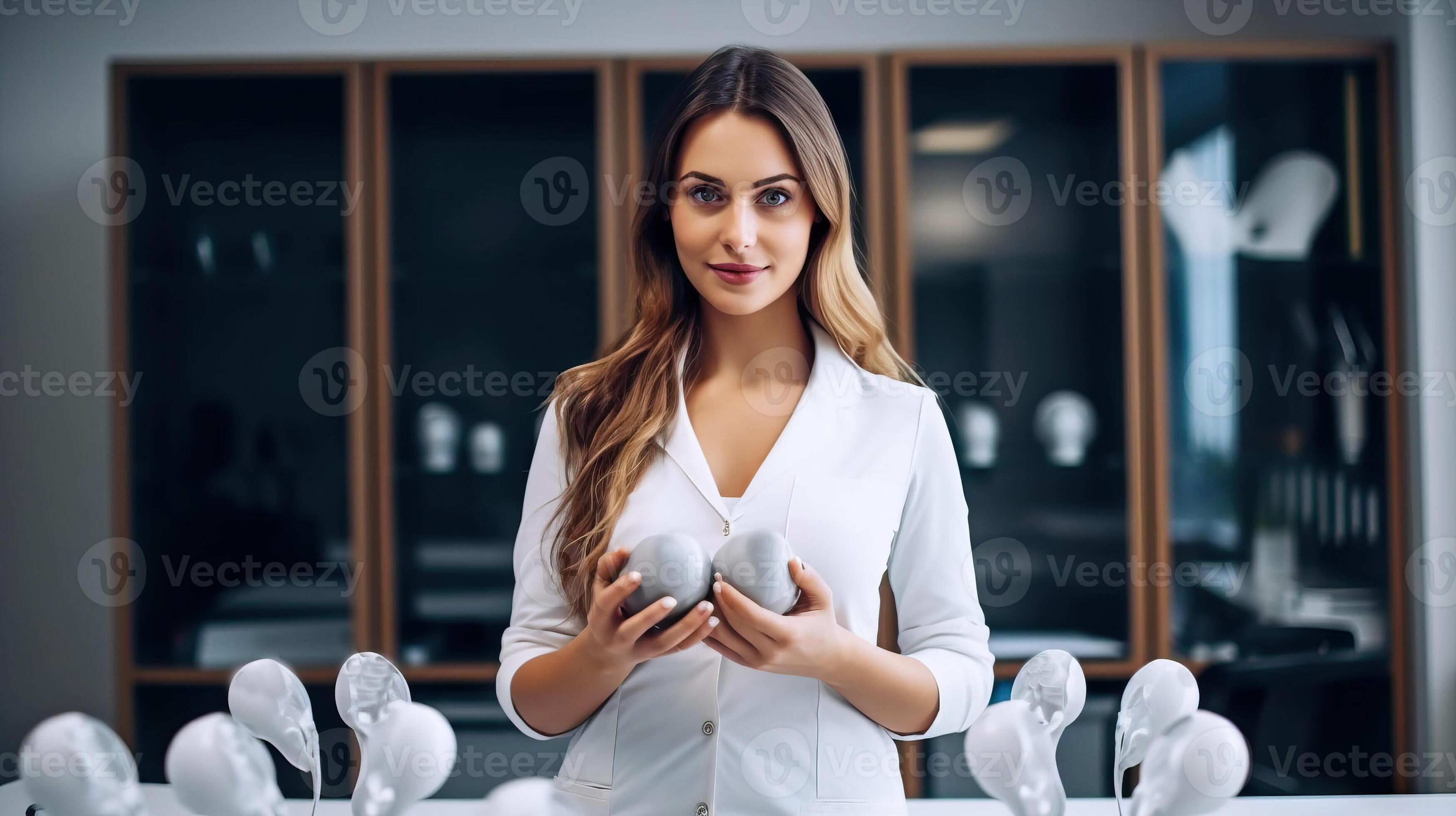 Porträt von ein jung Geschäftsfrau halten Silikon Brust implantieren im ihr  Hände. generativ ai. 25536203 Stock-Photo bei Vecteezy