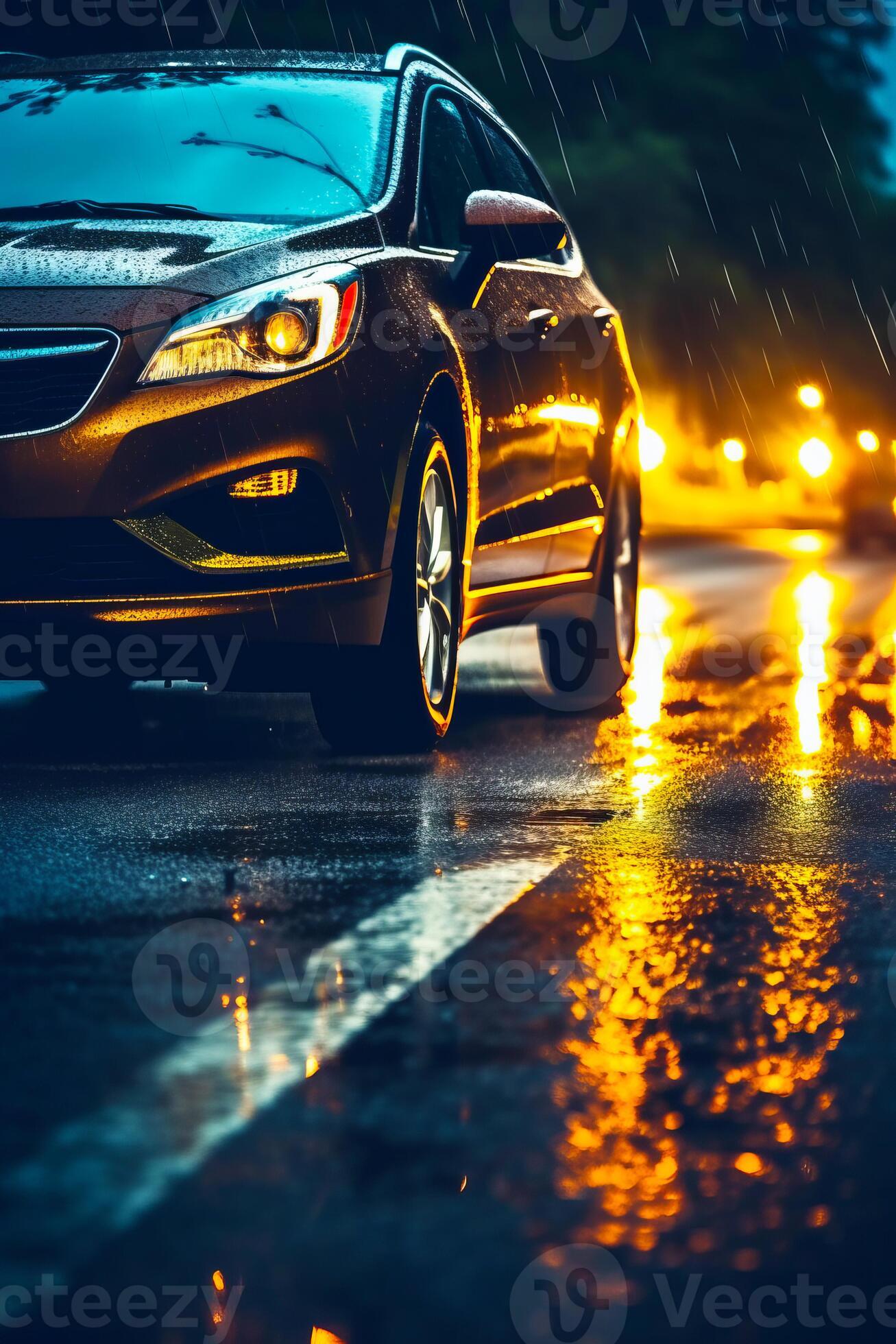 Auto Fahren Nieder nass Straße beim Nacht mit hell Gelb Licht. generativ ai  26458724 Stock-Photo bei Vecteezy