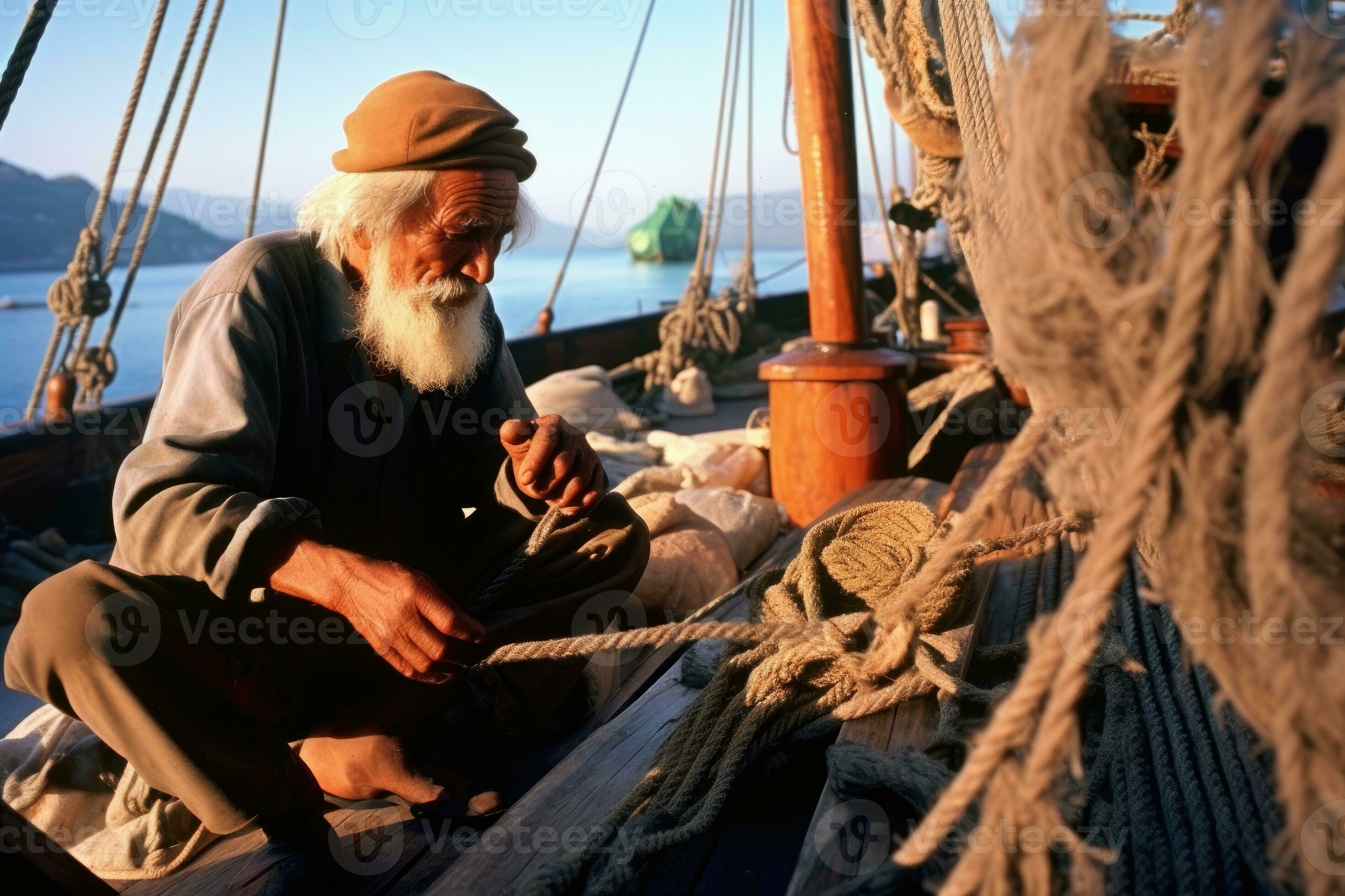 ein alt Fischer Instandsetzung seine Netz auf das hölzern Deck von